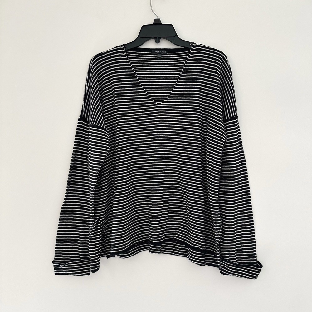 Eileen Fisher Black White Striped V-Neck Sweater Medium Cotton Silk Coastal Boxy